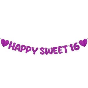 Happy Sweet 16 Birthday Banner Purple Pink Glitter Pre-strung Sparkly Sturdy